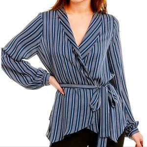 BCBG Max Azria Women's Asymmetric Striped Long Sleeve Wrap Blouse
